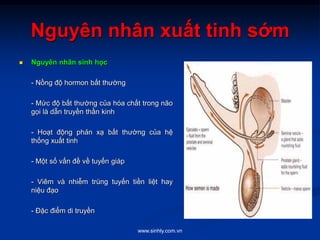 www.sinhly.com.vn
Nguyên nhân xuất tinh sớm
 Nguyên nhân sinh học
- Nồng độ hormon bất thường
- Mức độ bất thường của hóa chất trong não
gọi là dẫn truyền thần kinh
- Hoạt động phản xạ bất thường của hệ
thống xuất tinh
- Một số vấn đề về tuyến giáp
- Viêm và nhiễm trùng tuyến tiền liệt hay
niệu đạo
- Đặc điểm di truyền
 