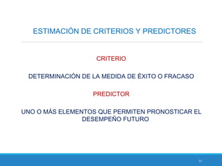 11
ESTIMACIÓN DE CRITERIOS Y PREDICTORES
CRITERIO
DETERMINACIÓN DE LA MEDIDA DE ÉXITO O FRACASO
PREDICTOR
UNO O MÁS ELEMENTOS QUE PERMITEN PRONOSTICAR EL
DESEMPEÑO FUTURO
 