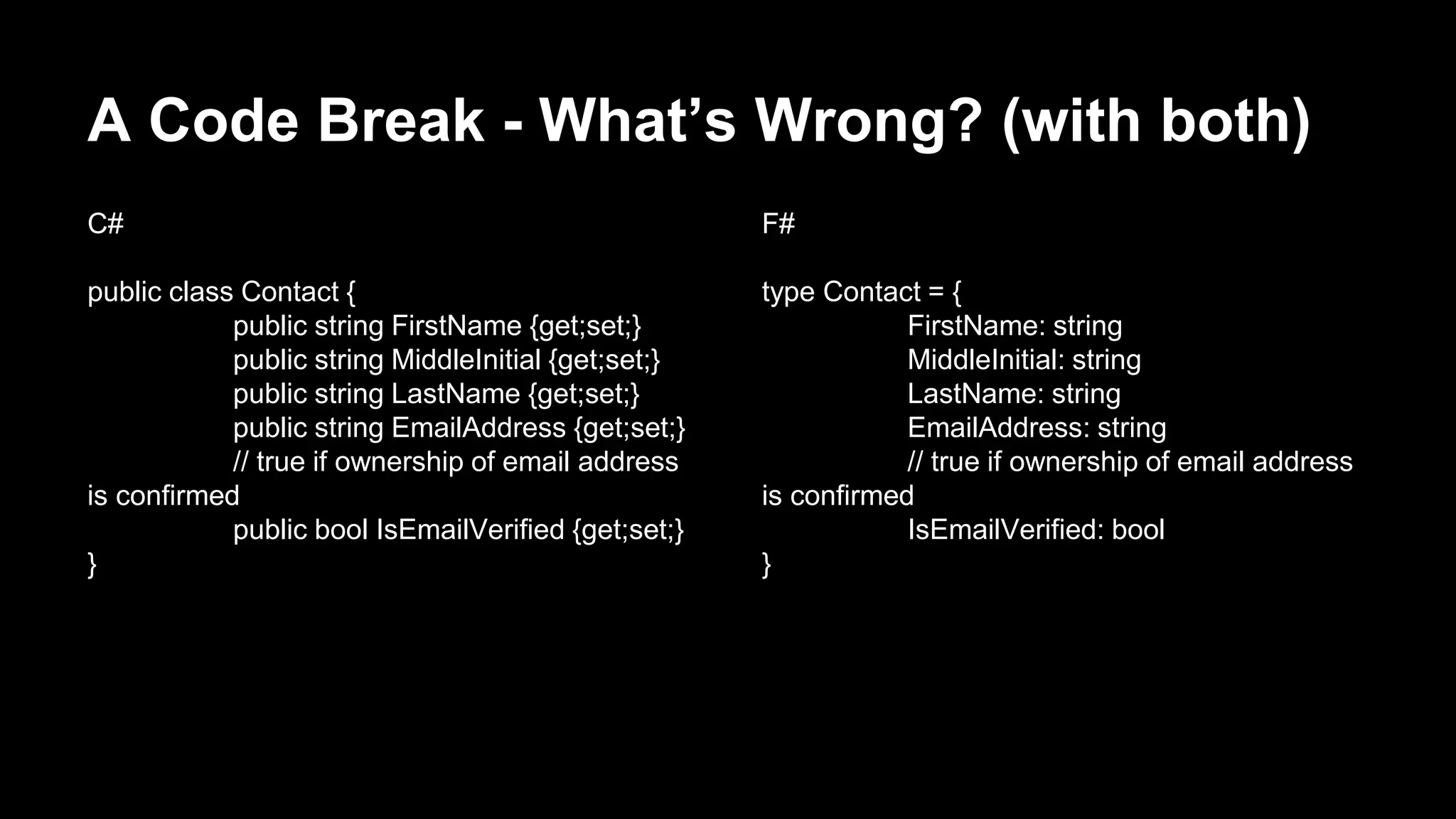 A Code Break - What’s Wrong? (with both) 
C# 
public class Contact { 
public string FirstName {get;set;} 
public string MiddleInitial {get;set;} 
public string LastName {get;set;} 
public string EmailAddress {get;set;} 
// true if ownership of email address 
is confirmed 
public bool IsEmailVerified {get;set;} 
} 
F# 
type Contact = { 
FirstName: string 
MiddleInitial: string 
LastName: string 
EmailAddress: string 
// true if ownership of email address 
is confirmed 
IsEmailVerified: bool 
} 
 