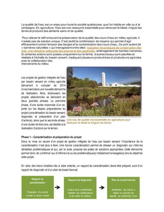 La qualité de l’eau est un enjeu pour toute la société québécoise, que l’on habite en ville ou à la 
campagne. En agriculture, l’eau est une ressource essentielle pour abreuver le bétail, irriguer les 
terres et produire des aliments sains et de qualité. 
Pour relever le défi entourant la préservation de la qualité des cours d’eau en milieu agricole, il 
n’existe pas de solution unique. C’est plutôt la combinaison de moyens qui permet d’agir 
efficacement contre l’érosion des berges et la contamination des c ours d’eau. Ce sont autant de 
« barrières naturelles » qui interagissent entre elles :l’adoption de pratiques de conservation des 
sols, une utilisation adéquate des engrais et des pesticides, aménagement de bandes riveraines. 
Si certaines actions sont posées uniquement sur la ferme, d’autres travaux sont planifiés et 
réalisés à l’échelle du bassin versant, impliquant plusieurs productrices et producteurs agricoles 
avec la collaboration des 
intervenants du milieu 
Les projets de gestion intégrée de l’eau 
par bassin versant en milieu agricole 
démarrant à compter de 2014 
s’inscrivent dans une nouvelle démarche 
de réalisation. Ainsi, dorénavant, les 
projets sélectionnés se déroulent en 
deux grandes phases. La première 
phase, d’une durée maximale d’un an, 
porte sur les étapes préparatoires du 
projet (caractérisation du bassin versant, 
diagnostic et préparation d’un plan 
d’actions), alors que la seconde phase, 
d’une durée de trois ans, est dédiée à la 
réalisation d’actions sur le terrain. 
Phase 1 – Caractérisation et préparation du projet 
Dans la mise en oeuvre d’un projet de gestion intégrée de l’eau par bassin versant, l’importance de la 
caractérisation n’est plus à faire. Une bonne caractérisation permet de dresser un diagnostic qui cible les 
véritables problématiques et qui, par la suite, propose les pistes de solutions appropriées. Cette démarche 
permet donc de confirmer (ou d’infirmer) la ou les problématique(s) initialement envisagée(s) lors du dépôt de 
votre projet. 
En vertu des biens livrables liés à votre entente, un rapport de caractérisation devra être préparé, suivi d’un 
rapport de diagnostic et d’un plan de travail triennal. 
Rapport de 
caractérisation 
Préparation d’un portrait 
complet du bassin versant 
Rapport de diagnostic 
Analyse de la caractérisation, 
validation des problématiques 
et des pistes de solutions 
initialement envisagées lors du 
dépôt du projet 
Plan de travail triennal 
Identification des actions à 
réaliser en précisant les 
objectifs, les échéanciers et les 
partenaires associés 
 