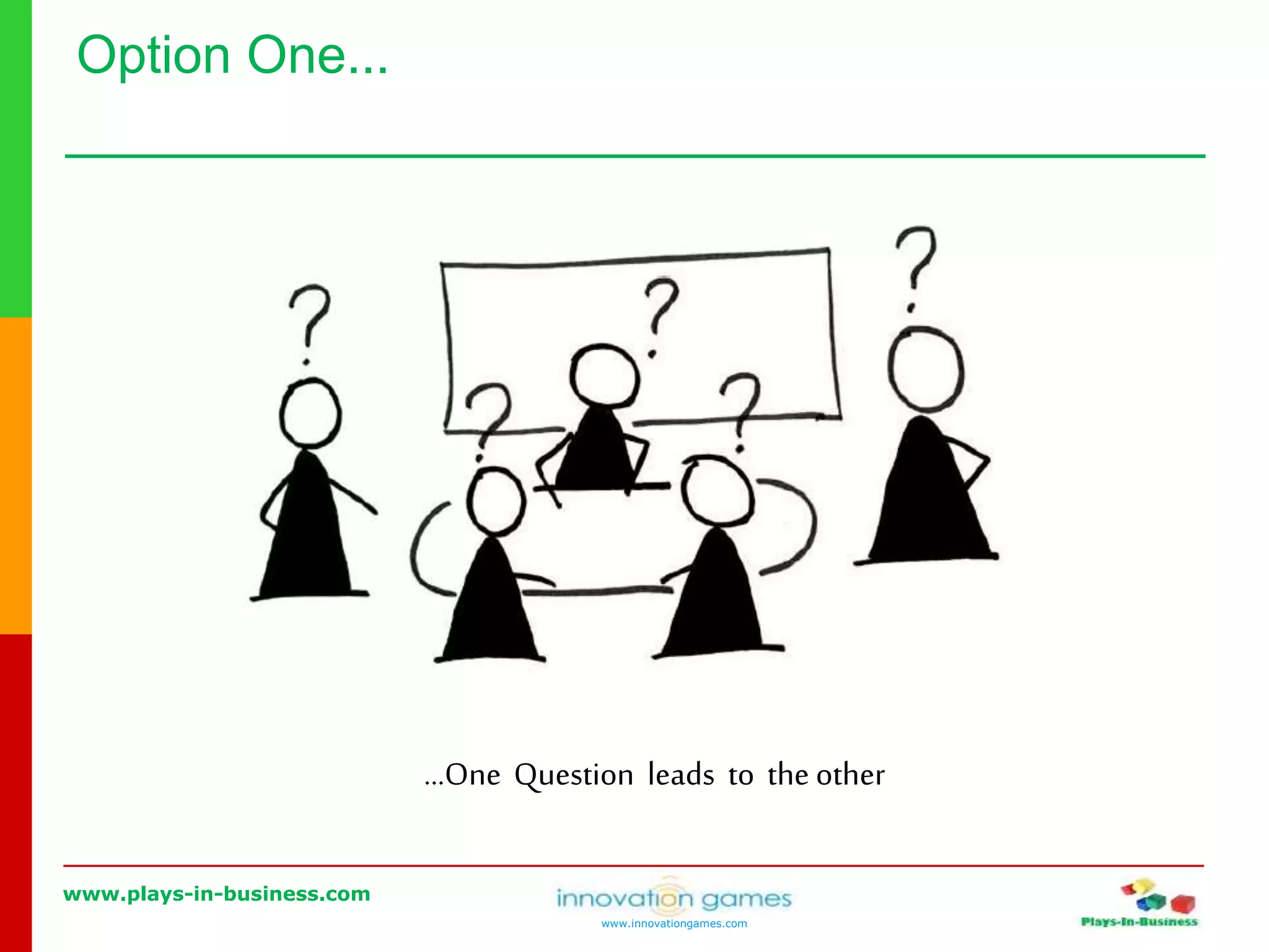www.plays-in-business.com
www.innovationgames.com
Option One...
…One Question leads to the other
 