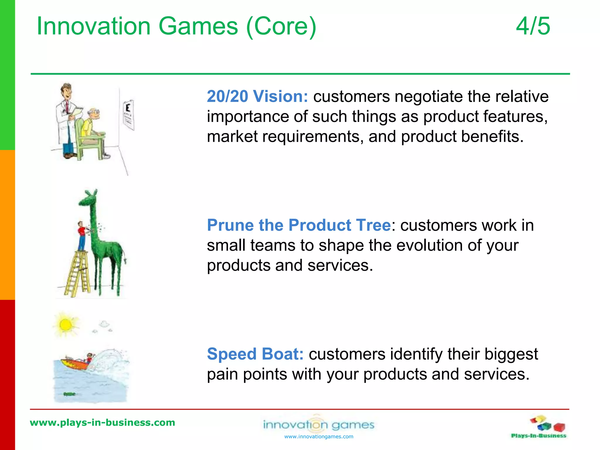 www.plays-in-business.com
www.innovationgames.com
Innovation Games (Core) 4/5
20/20 Vision: customers negotiate the relative
importance of such things as product features,
market requirements, and product benefits.
Prune the Product Tree: customers work in
small teams to shape the evolution of your
products and services.
Speed Boat: customers identify their biggest
pain points with your products and services.
 