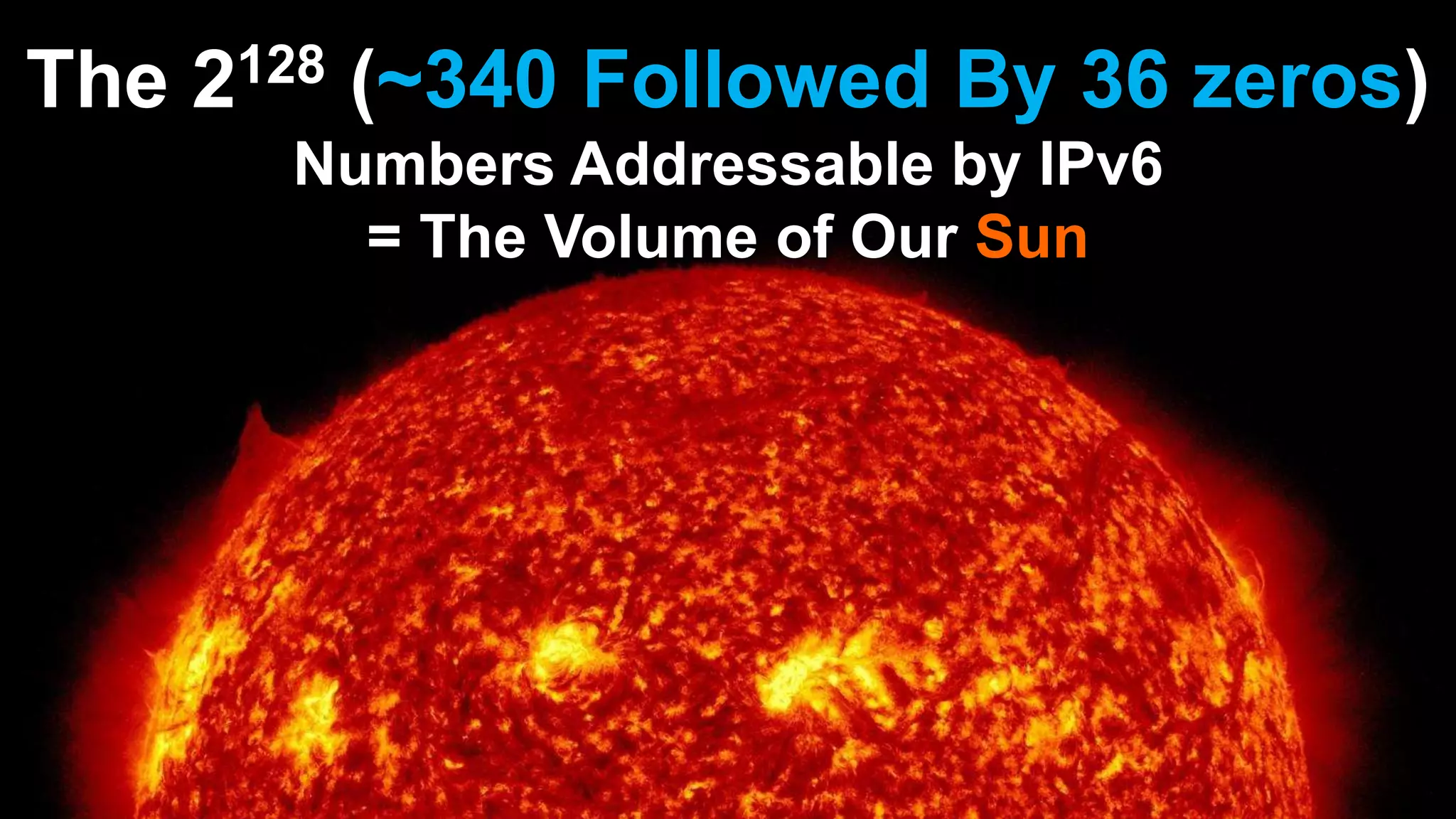 The 2128 (~340 Followed By 36 zeros)
Numbers Addressable by IPv6
= The Volume of Our Sun
 