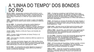 A “LINHA DO TEMPO” DOS BONDES
DO RIO30/01/1859 – Inaugurada a primeira linha de ferro carris
(popularmente denominada de “bonde”), puxado por burro,
num trajeto de 7 km de extensão entre o Largo do Rocio
(atual Praça Tiradentes) e o Alto da Tijuca (atual Usina da
Tijuca).
1862 – Implantada a tração com motor a vapor nos bondes
desta linha, mas os altos custos levam a empresa à falência
em 1865.
8/10/1868 – A companhia de bondes Jardim Botânico
(ainda com o nome em inglês ”Botanical Garden”), a
segunda companhia do Riuo a explorar o serviço, inaugura a
linha entre as ruas do Ouvidor e Gonçalves Ledo até o Largo
do Machado em, no Catete, com bondes de tração animal.
19/01/1870 – Reabre a linha da Tijuca com bondes de
tração animal.
1877 – Criada a linha de bondes de Santa Tereza e só
eletrificada em 1896.
1887 – Dois bondes movidos a baterias elétricas operam no
Largo dos Leões.
1891 – As linhas de bonde chegam até o Alto da Boa Vista,
com a utilização de motores elétricos (constroem a Usina da
Tijuca para esse fim), mas as obras atrasam e o bonde nesta
linha eletrificada só entra em operação em 1898.
8/10/1892 – A companhia do Jardim Botânico inaugura o
serviço do primeiro bonde de tração elétrica da América
Latina, na linha do Flamengo.
1905 – A empresa canadense Light & Power inicia seus
serviços no Rio de Janeiro. Na área de transportes públicos,
a empresa instala serviços de bondes para ligar o Centro da
cidade aos bairros da Zona Norte. A cidade começa sua
expansão territorial, acompanhando os trilhos dos bondes e
dos trens suburbanos.
1928 – Terminam os serviços de bondes de tração animal, e
os bondes subsistem somente com tração de motor elétrico.
A Light passa a dominar estes serviços na Zona Norte com a
linha Madureira – Irajá.
1930/1945 – Período áurea da fabricação de bondes pela
Light. Os modelos eram importados dos Estados Unidos.
1950 a 1960 – Os bondes, que ofereciam uma opção barata
de transporte público, começaram a ser sucateados pelas
concessionárias, que alegavam grandes prejuízos na
manutenção do sistema.
31/12/1960 – Termina o prazo de concessão governamental
do serviço de bondes da companhia Jardim Botânico. Os
bondes passam a ser considerados antiquados e
antieconômicos. A incipiente indústria de caminhões e
ônibus do Brasil começa a se implantar como modelo de
transporte público “moderno”.
1963 – O Governador da Guanabara, Carlos Lacerda, compra
os bondes, e cria a CTC – Companhia de Transportes
Coletivos (estatal) e decide paralisar o serviço, eliminando
quase todas as linhas existentes na cidade.
1965 a 1967 - Saem de circulação os últimos bondes
urbanos e suas principais linhas, só permanecendo em
operação os bondes de Santa Tereza e do Caminho do
 