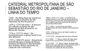 CATEDRAL METROPOLITANA DE SÃO
SEBASTIÃO DO RIO DE JANEIRO –
LINHA DO TEMPO
1676 – Por Bula Papal de Inocêncio
XI foi criada a Diocese de São
Sebastião do Rio de Janeiro.
1676 a 1734 (58 anos) – A diocese
foi sediada na Igreja de São
Sebastião do Rio de Janeiro, no
Morro do Castelo.
1734 a 1737 (3 anos) – Foi
transferida para a Igreja Santa Cruz
dos Militares.
1737 a 1808 (74 anos) – Novamente
transferida para a Igreja de Nossa
Senhora do Rosário e São Benedito
dos Homens Pretos (próximo ao
Largo de São Francisco).
1808 a 1979 (171 anos) – A Catedral da
cidade passou a ser a Igreja Nossa Senhora
do Carmo (na Praça XV), principalmente por
ser a capela real mais próxima do palácio
(atual Paço Municipal).
20/1/1964 – Lançamento da pedra
fundamental da nova catedral metropolitana
do Rio.
1972 – Primeira missa de Natal rezada na
catedral em obras.
15/8/1979 – Inauguração da nova catedral.
2/7/1980 – 1ª. Missa solene do Papa João
Paulo II em sua primeira visita ao Brasil.
4/10/1997 - 2ª. Missa solene do Papa João
Paulo II em sua segunda visita ao Brasil para o
II Encontro Mundial com as Famílias,
realizado na cidade do Rio de Janeiro.
 