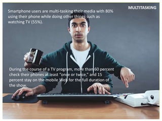 MULTITASKING
Smartphone users are multi-tasking their media with 80%
using their phone while doing other things such as
watching TV (55%).

   ................................................................................................................................................




During the course of a TV program, more than 60 percent
check their phones at least “once or twice,” and 15
percent stay on the mobile Web for the full duration of
the show.
 