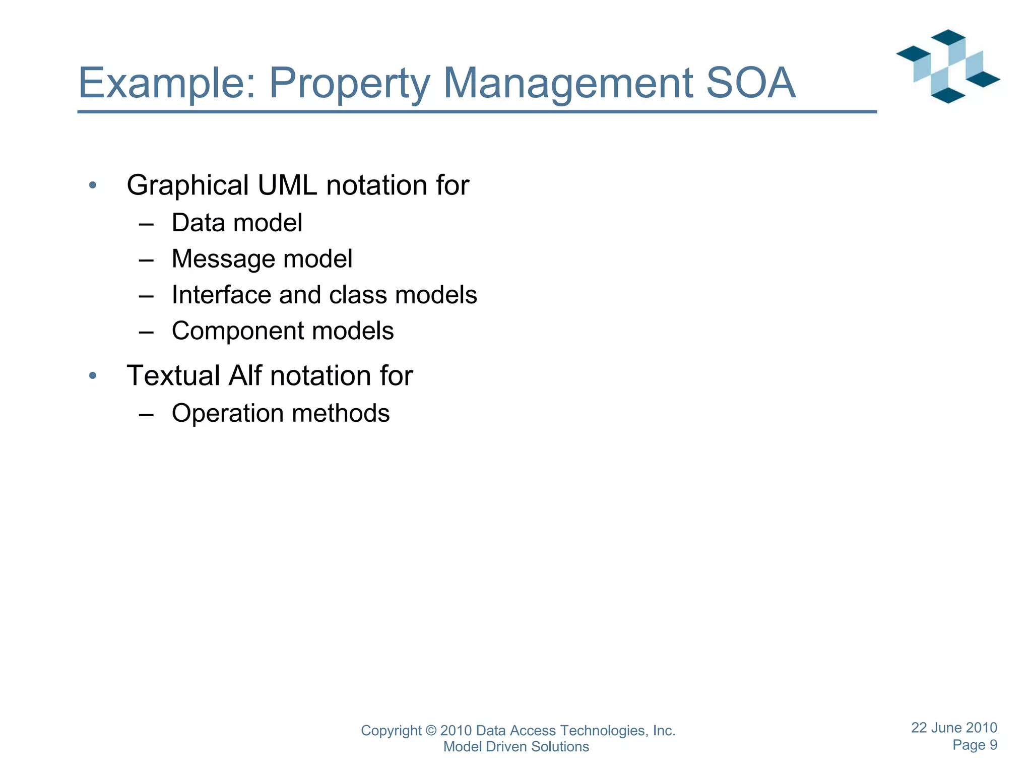 Example: Property Management SOA Graphical UML notation for Data model Message model Interface and class models Component models Textual Alf notation for Operation methods 