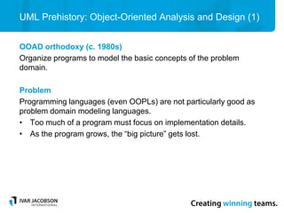 UML Prehistory: Object-Oriented Analysis and Design (1)
OOAD orthodoxy (c. 1980s)
Organize programs to model the basic concepts of the problem
domain.
Problem
Programming languages (even OOPLs) are not particularly good as
problem domain modeling languages.
• Too much of a program must focus on implementation details.
• As the program grows, the “big picture” gets lost.
 