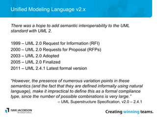 Unified Modeling Language v2.x
There was a hope to add semantic interoperability to the UML
standard with UML 2.
1999 – UML 2.0 Request for Information (RFI)
2000 – UML 2.0 Requests for Proposal (RFPs)
2003 – UML 2.0 Adopted
2005 – UML 2.0 Finalized
2011 – UML 2.4.1 Latest formal version
“However, the presence of numerous variation points in these
semantics (and the fact that they are defined informally using natural
language), make it impractical to define this as a formal compliance
type, since the number of possible combinations is very large.”
– UML Superstructure Specification, v2.0 – 2.4.1
 
