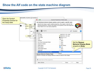 Page 25
Show the Alf code on the state machine diagram
Copyright © 2017 Ed Seidewitz
Open the Symbol
Properties window for
the ready state.
Set the Opaque
Behavior Display Mode
property to Body.
 