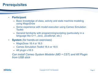 Page 3
Prerequisites
• Participant
– Basic knowledge of class, activity and state machine modeling
using MagicDraw
– Some experience with model execution using Cameo Simulation
Toolkit
– General familiarity with programming/scripting (particularly in a
language like C++, Java, JavaScript, etc.)
• System (for hands-on exercises)
– MagicDraw 18.4 or 18.5
– Cameo Simulation Toolkit 18.4 or 18.5
– Alf plugin v18.5
Copyright © 2017 Ed Seidewitz
 