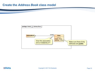 Page 33
Create the Address Book class model
Copyright © 2017 Ed Seidewitz
Make sure these Entry
attributes are public.
Give this association
end a multiplicity of *.
 