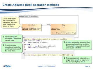 Page 36
Create Address Book operation methods
Copyright © 2017 Ed Seidewitz
Create methods for
the AddressBook
operations, and then
enter the Alf code
shown for them.
 A select expression is used to filter
a sequence based on a condition.
The index [1] ensures that at most
one value is selected.
 This expression will return either a
single value or null, as required by
the return multiplicity of 0..1.
 The constructor
operation is used when
creating an instance of
the Entry class.
 The braces { } are
required in if statement
clauses in Alf.
 
