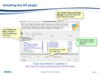 Page 4
4
Installing the Alf plugin
Copyright © 2017 Ed Seidewitz
Plugin documentation is available at:
https://docs.nomagic.com/display/ALFP185/Alf+plugin
Under Plugins (no
cost), download/
install the Alf plugin
v18.5 beta.
Select Help ► Resource/Plugin
Manager to open the Resource/
Plugin Manager window.
 Commercial release
planned for v19.0 in
Q4 2017.
 