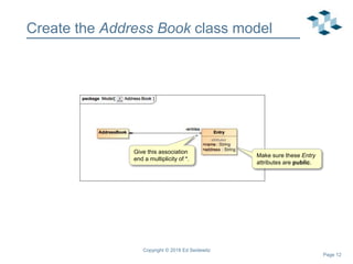 Page 12
Create the Address Book class model
Copyright © 2018 Ed Seidewitz
Make sure these Entry
attributes are public.
Give this association
end a multiplicity of *.
 
