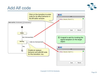 Page 29
Add Alf code
Copyright © 2018 Ed Seidewitz
 A signal is sent by invoking the
signal reception on the target
object.
Click on the transition to enter
code for its effect behavior in
the Alf editor window.
Create an opaque
behavior and add Alf code
for this transition, too.
 