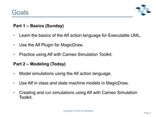 Page 3
Goals
Part 1 – Basics (Sunday)
• Learn the basics of the Alf action language for Executable UML.
• Use the Alf Plugin for MagicDraw.
• Practice using Alf with Cameo Simulation Toolkit.
Part 2 – Modeling (Today)
• Model simulations using the Alf action language.
• Use Alf in class and state machine models in MagicDraw.
• Creating and run simulations using Alf with Cameo Simulation
Toolkit.
Copyright © 2018 Ed Seidewitz
 