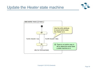Page 39
Update the Heater state machine
Copyright © 2018 Ed Seidewitz
Use the isOn attribute
to record which state
the Heater is in.
 There is no built-in way in
Alf to determine what state
a state machine is in.
 