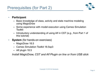 Page 4
Prerequisites (for Part 2)
• Participant
– Basic knowledge of class, activity and state machine modeling
using MagicDraw
– Some experience with model execution using Cameo Simulation
Toolkit
– Introductory understanding of using Alf in CST (e.g., from Part 1 of
this tutorial)
• System (for hands-on exercises)
– MagicDraw 18.5
– Cameo Simulation Toolkit 18.5sp3
– Alf plugin 18.5
Install MagicDraw, CST and Alf Plugin on line or from USB stick
Copyright © 2018 Ed Seidewitz
 