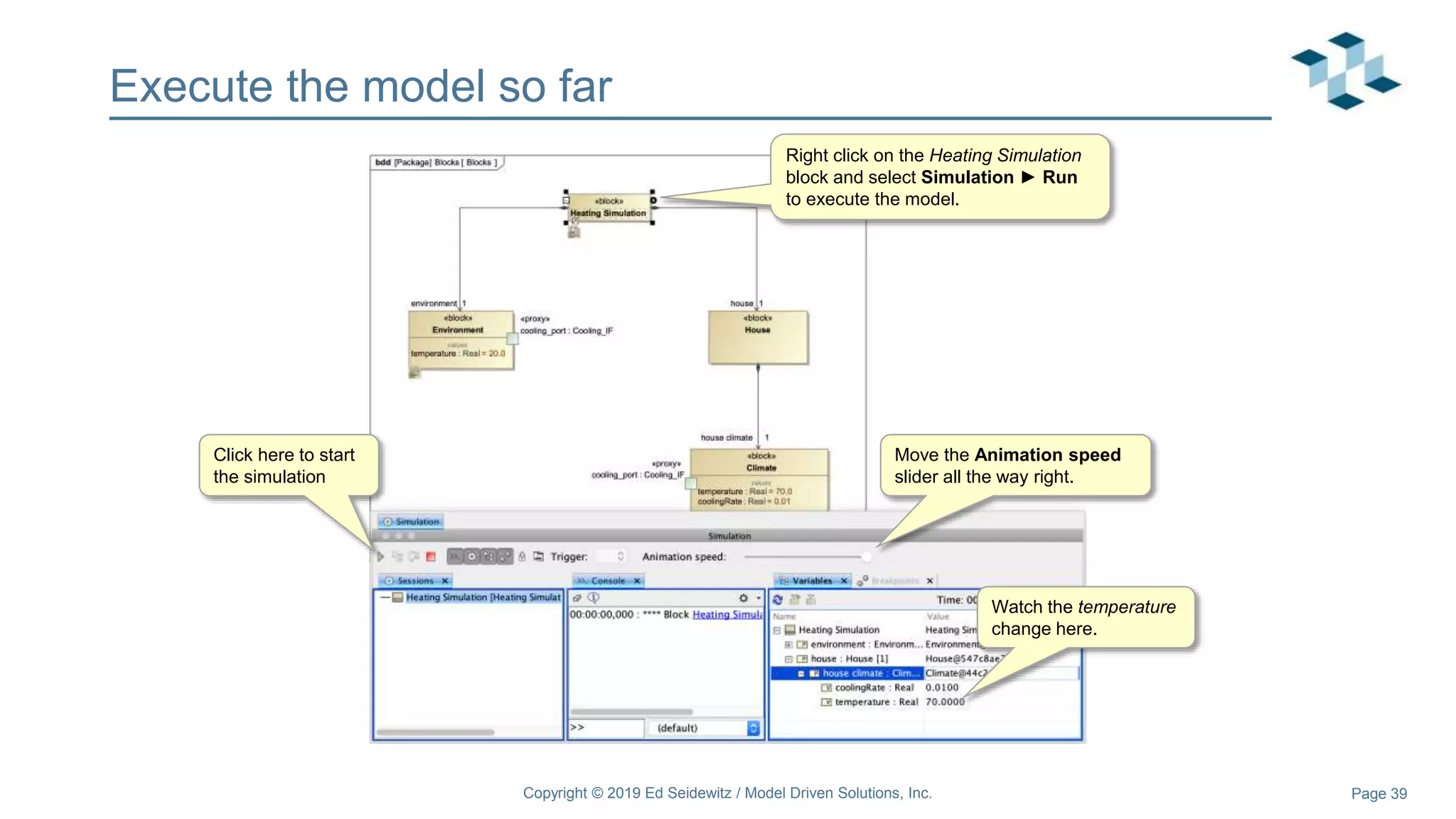 Page 39
Execute the model so far
Move the Animation speed
slider all the way right.
Right click on the Heating Simulation
block and select Simulation ► Run
to execute the model.
Click here to start
the simulation
Watch the temperature
change here.
Copyright © 2019 Ed Seidewitz / Model Driven Solutions, Inc.
 