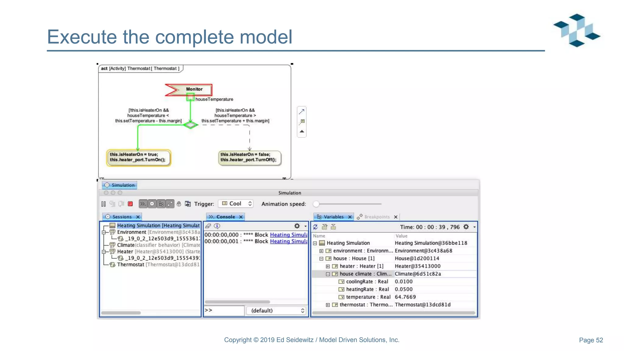 Page 52
Execute the complete model
Copyright © 2019 Ed Seidewitz / Model Driven Solutions, Inc.
 