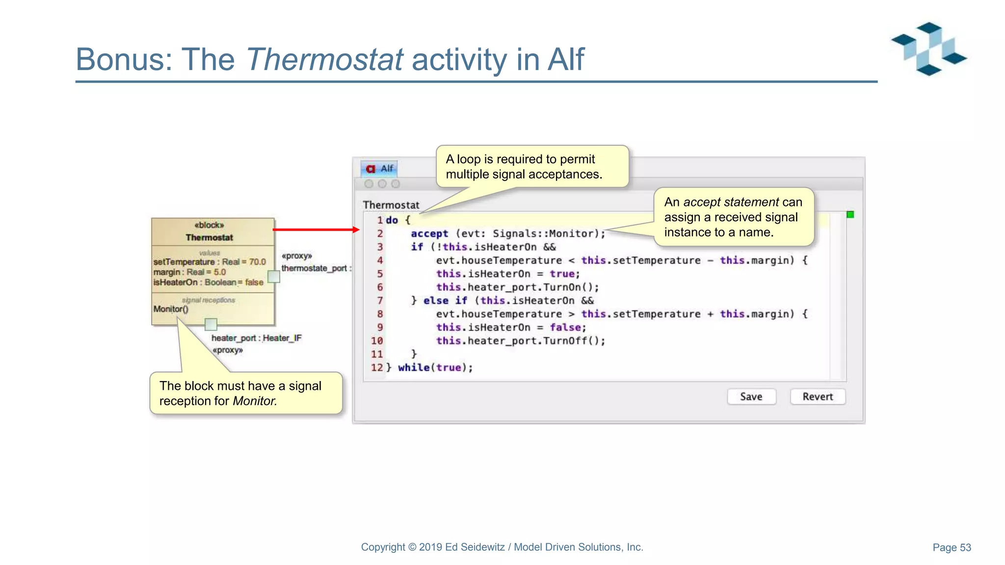 Page 53
Bonus: The Thermostat activity in Alf
Copyright © 2019 Ed Seidewitz / Model Driven Solutions, Inc.
The block must have a signal
reception for Monitor.
A loop is required to permit
multiple signal acceptances.
An accept statement can
assign a received signal
instance to a name.
 