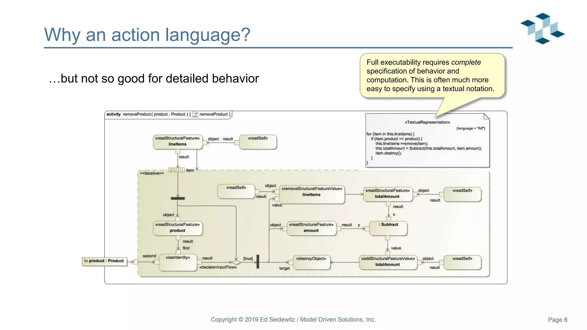 Page 8
Why an action language?
…but not so good for detailed behavior
Full executability requires complete
specification of behavior and
computation. This is often much more
easy to specify using a textual notation.
Copyright © 2019 Ed Seidewitz / Model Driven Solutions, Inc.
 