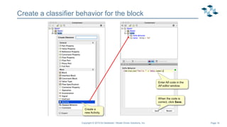 Page 16
Create a classifier behavior for the block
Copyright © 2019 Ed Seidewitz / Model Driven Solutions, Inc.
Create a
new Activity.
Enter Alf code in the
Alf editor window.
When the code is
correct, click Save.
 