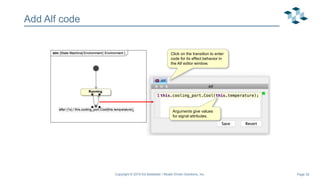 Page 35
Add Alf code
Click on the transition to enter
code for its effect behavior in
the Alf editor window.
Arguments give values
for signal attributes.
Copyright © 2019 Ed Seidewitz / Model Driven Solutions, Inc.
 