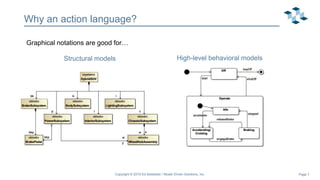 Page 7
Why an action language?
Graphical notations are good for…
Copyright © 2019 Ed Seidewitz / Model Driven Solutions, Inc.
Structural models High-level behavioral models
 