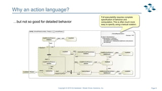 Page 8
Why an action language?
…but not so good for detailed behavior
Full executability requires complete
specification of behavior and
computation. This is often much more
easy to specify using a textual notation.
Copyright © 2019 Ed Seidewitz / Model Driven Solutions, Inc.
 