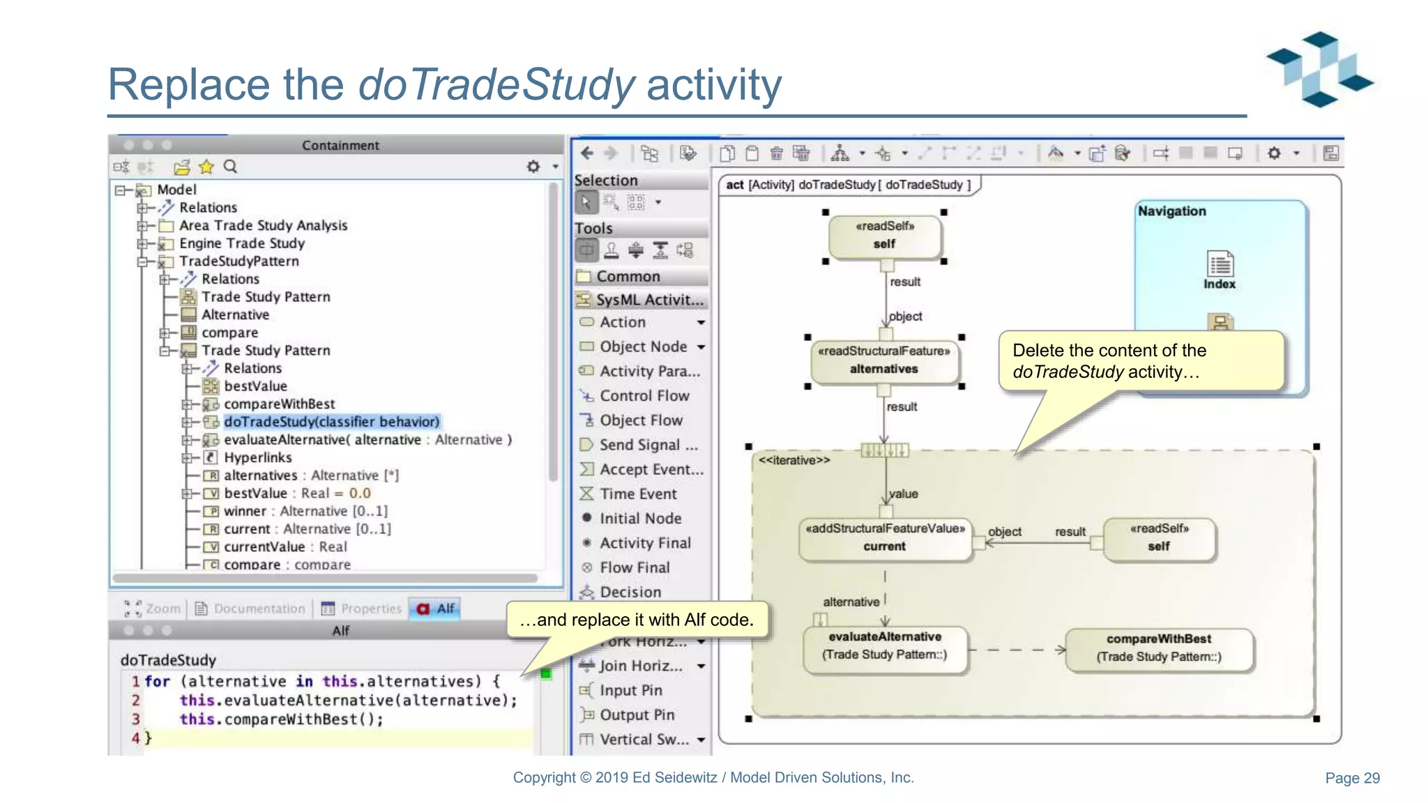 Page 29
Replace the doTradeStudy activity
Copyright © 2019 Ed Seidewitz / Model Driven Solutions, Inc.
Delete the content of the
doTradeStudy activity…
…and replace it with Alf code.
 