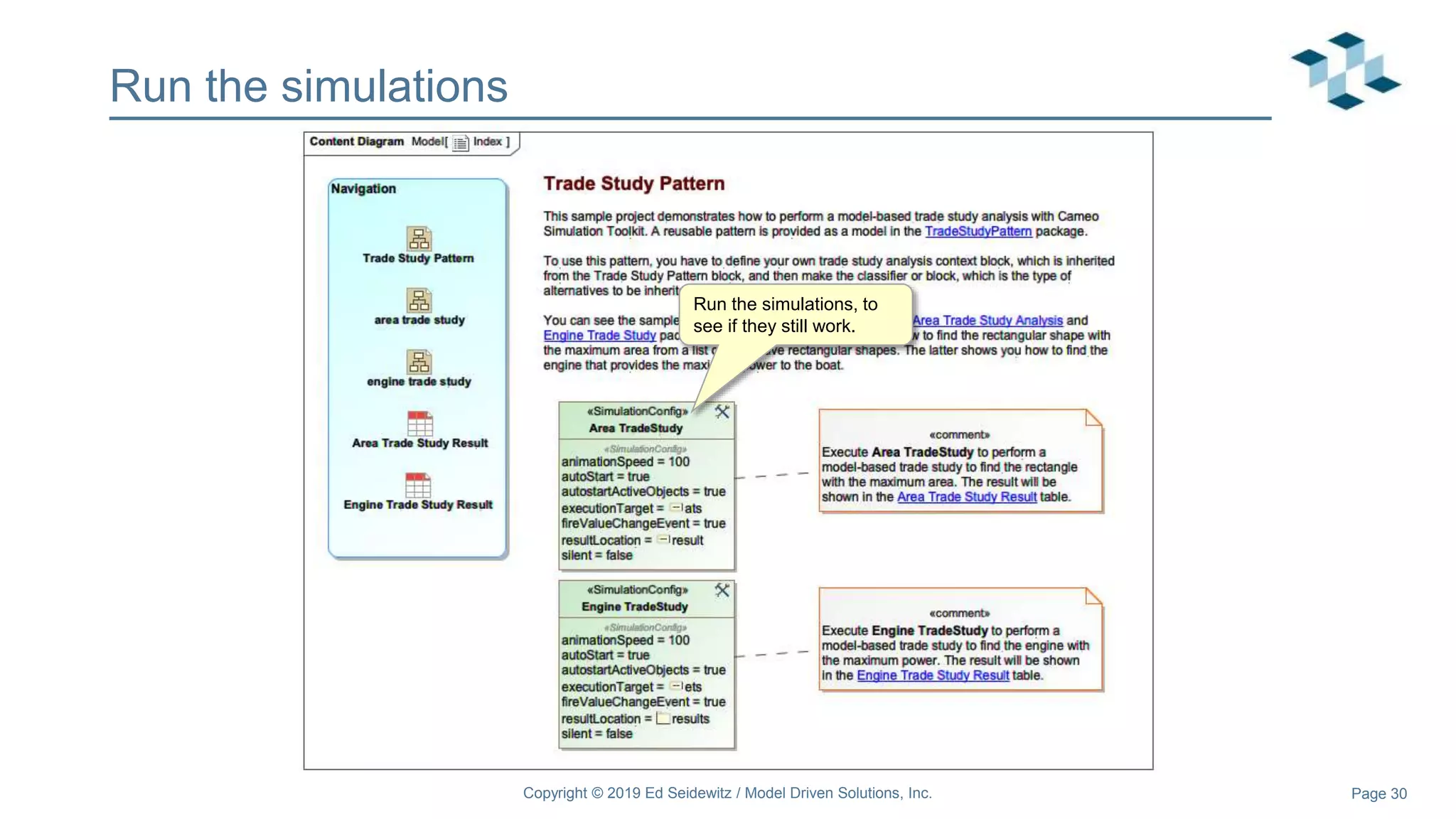 Page 30
Run the simulations
Copyright © 2019 Ed Seidewitz / Model Driven Solutions, Inc.
Run the simulations, to
see if they still work.
 