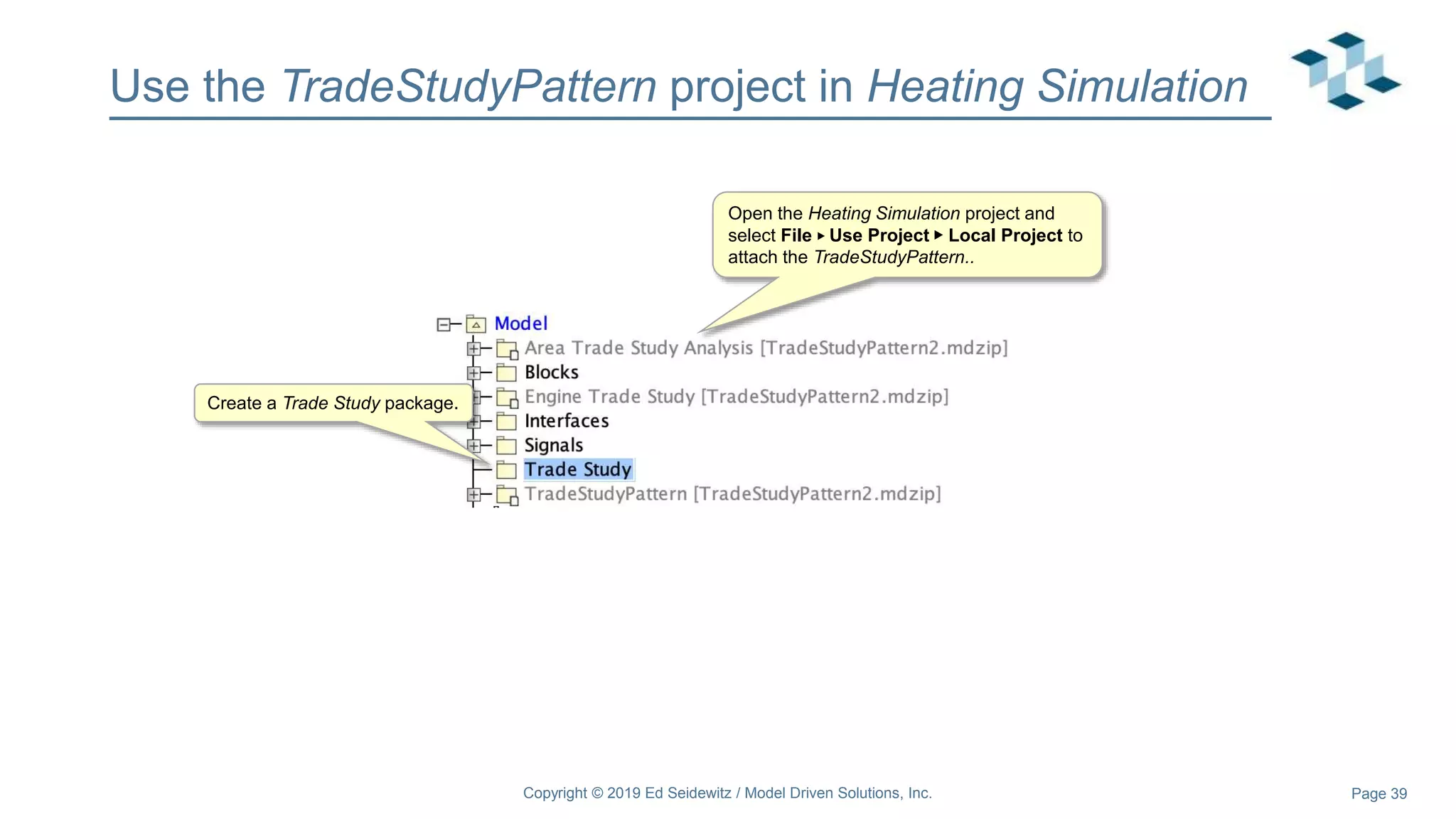 Page 39
Use the TradeStudyPattern project in Heating Simulation
Copyright © 2019 Ed Seidewitz / Model Driven Solutions, Inc.
Open the Heating Simulation project and
select File ▶︎ Use Project ▶︎ Local Project to
attach the TradeStudyPattern..
Create a Trade Study package.
 