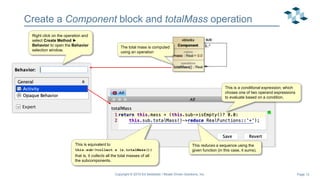 Page 13
Create a Component block and totalMass operation
Copyright © 2019 Ed Seidewitz / Model Driven Solutions, Inc.
The total mass is computed
using an operation
This is a conditional expression, which
choses one of two operand expressions
to evaluate based on a condition.
This is equivalent to
this.sub->collect s (s.totalMass())
that is, it collects all the total masses of all
the subcomponents.
This reduces a sequence using the
given function (in this case, it sums).
Right click on the operation and
select Create Method ►
Behavior to open the Behavior
selection window.
 