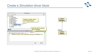 Page 15
Create a Simulation driver block
Copyright © 2019 Ed Seidewitz / Model Driven Solutions, Inc.
Create an activity under
the Simulation block.
Enter Alf code to test the
roll up operation.
 
