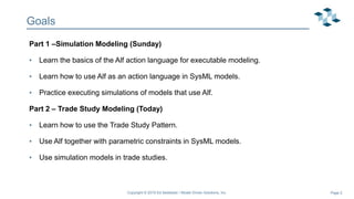Page 2
Goals
Part 1 –Simulation Modeling (Sunday)
• Learn the basics of the Alf action language for executable modeling.
• Learn how to use Alf as an action language in SysML models.
• Practice executing simulations of models that use Alf.
Part 2 – Trade Study Modeling (Today)
• Learn how to use the Trade Study Pattern.
• Use Alf together with parametric constraints in SysML models.
• Use simulation models in trade studies.
Copyright © 2019 Ed Seidewitz / Model Driven Solutions, Inc.
 