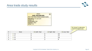 Page 22
Area trade study results
Copyright © 2019 Ed Seidewitz / Model Driven Solutions, Inc.
The “winner” is alternative
r3 with the highest area.
 