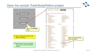 Page 24
Open the sample TradeStudyPattern project
Copyright © 2019 Ed Seidewitz / Model Driven Solutions, Inc.
…
Click on the Samples
button.
Select TradeStudyPattern
under Simulation.
 Be sure to save the project locally
before modifying it!
 After saving a local copy, load the
Alf Library and open the Alf Editor
window.
 