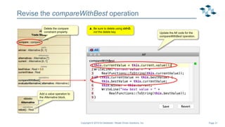 Page 31
Revise the compareWithBest operation
Copyright © 2019 Ed Seidewitz / Model Driven Solutions, Inc.
Add a value operation to
the Alternative block.
Delete the compare
constraint property. Update the Alf code for the
compareWithBest operation.
 Be sure to delete using ctrl-D,
not the delete key.
 