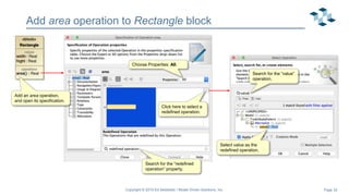 Page 32
Add area operation to Rectangle block
Copyright © 2019 Ed Seidewitz / Model Driven Solutions, Inc.
Add an area operation,
and open its specification.
Choose Properties: All.
Search for the “redefined
operation” property.
Click here to select a
redefined operation.
Select value as the
redefined operation.
Search for the “value”
operation.
 