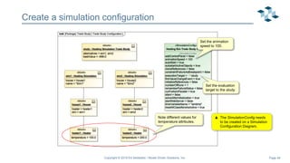 Page 49
Create a simulation configuration
Copyright © 2019 Ed Seidewitz / Model Driven Solutions, Inc.
Note different values for
temperature attributes.
Set the animation
speed to 100.
Set the evaluation
target to the study.
 The SimulationConfig needs
to be created on a Simulation
Configuration Diagram.
 