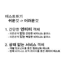 테스트하기 쉬운것-> 어려운것1. 간단한 엔티티 객체	- 의존관계 없는간단한 비지니스클래스	- 의존관계 있는복잡한 비지니스클래스2. 상태 없는 서비스 객체	- 개별 컴포넌트를 통한 컴포넌트 테스트	- 전체비지니스로직레이어를 통한 레이어 테스트