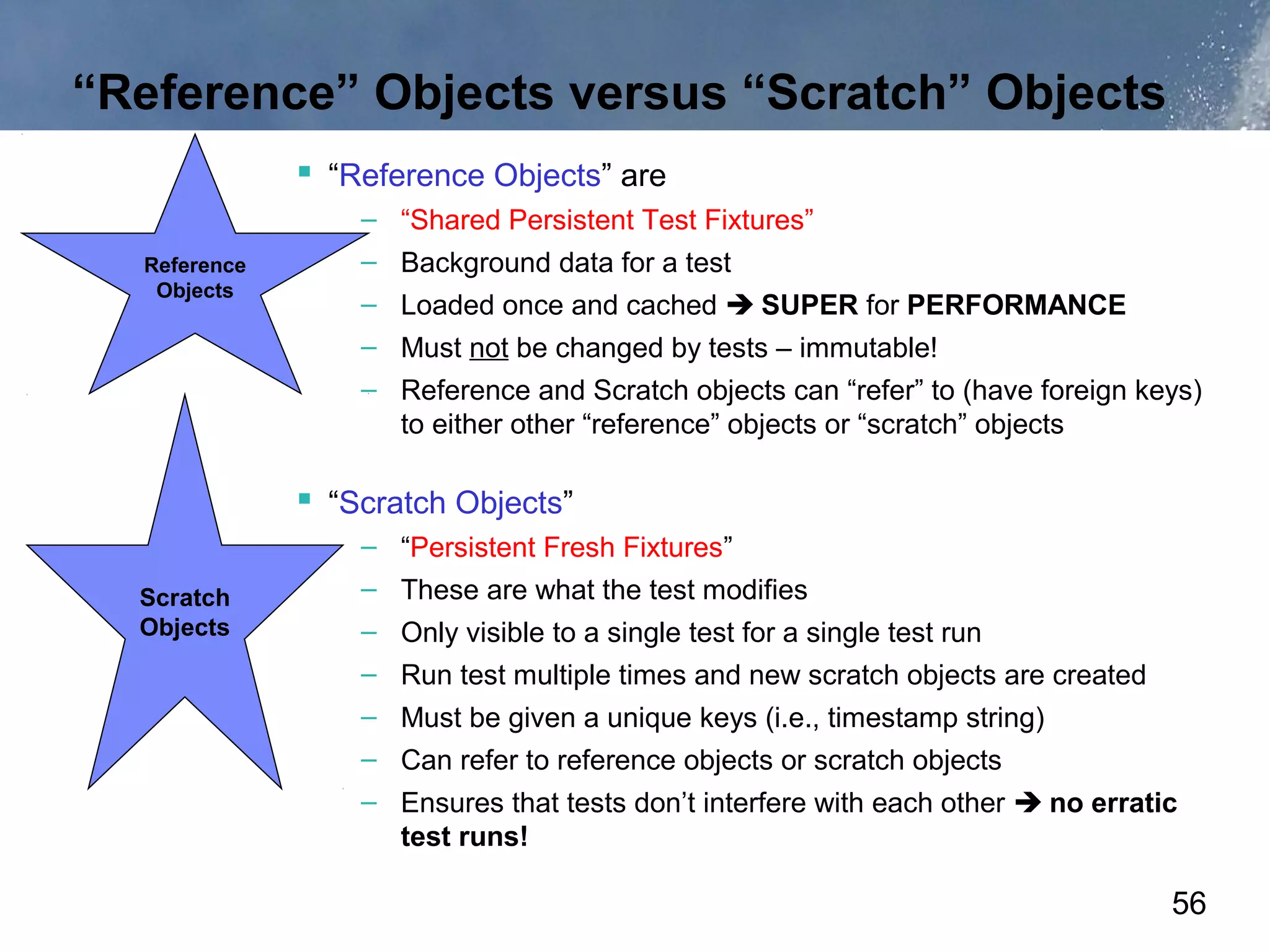 “Reference” Objects versus “Scratch” Objects
               “Reference Objects” are
                  – “Shared Persistent Test Fixtures”
  Reference       – Background data for a test
   Objects
                  – Loaded once and cached  SUPER for PERFORMANCE
                  – Must not be changed by tests – immutable!
                  – Reference and Scratch objects can “refer” to (have foreign keys)
                    to either other “reference” objects or “scratch” objects

               “Scratch Objects”
                  – “Persistent Fresh Fixtures”
  Scratch         – These are what the test modifies
  Objects         – Only visible to a single test for a single test run
                  – Run test multiple times and new scratch objects are created
                  – Must be given a unique keys (i.e., timestamp string)
                  – Can refer to reference objects or scratch objects
                  – Ensures that tests don’t interfere with each other  no erratic
                    test runs!

                                                                                  56
 