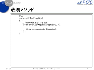 15Copyright (c) 2017 Eiwa System Management, Inc.2017/3/11
表明メソッド
[Fact(DisplayName = "文字列の表明メソッド")]
public void TestStringAssert()
{
// 文字列を含むか、否か
Assert.Contains("BC", "ABCDEFG");
Assert.DoesNotContain("bc", "ABCDEFG");
// 文字列が空かどうか
Assert.Empty("");
Assert.NotEmpty("*");
// 指定した文字列で始まっているか
Assert.StartsWith("AB", "ABCDEF");
// 指定した文字列で終わっているか
Assert.EndsWith("YZ", "UVWXYZ");
// 正規表現を満たしているか、否か
Assert.Matches(@"No¥.[0-9]{3}$", "No.789");
Assert.DoesNotMatch(@"No¥.[0-9]{3}$", "No.7890");
}
 