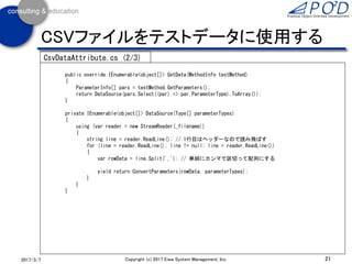 21Copyright (c) 2017 Eiwa System Management, Inc.2017/3/11
CSVファイルをテストデータに使用する
using System;
using System.Collections.Generic;
using System.Linq;
using Xunit.Sdk;
using System.Reflection;
using System.IO;
namespace FirstTest
{
// 独自の属性の定義
// 属性の対象はメソッド
[AttributeUsage(AttributeTargets.Method, AllowMultiple = false)]
public class CsvDataAttribute : DataAttribute // クラス名から「Attribute」を除いた文字列が属性名になる
{
private string _filename;
// 1つの値をとるコンストラクタ
public CsvDataAttribute(string filename)
{
_filename = filename;
}
CsvDataAttribute.cs (1/3)
 