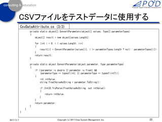 22Copyright (c) 2017 Eiwa System Management, Inc.2017/3/11
CSVファイルをテストデータに使用する
public override IEnumerable<object[]> GetData(MethodInfo testMethod)
{
ParameterInfo[] pars = testMethod.GetParameters();
return DataSource(pars.Select((par) => par.ParameterType).ToArray());
}
private IEnumerable<object[]> DataSource(Type[] parameterTypes)
{
using (var reader = new StreamReader(_filename))
{
string line = reader.ReadLine(); // 1行目はヘッダーなので読み飛ばす
for (line = reader.ReadLine(); line != null; line = reader.ReadLine())
{
var rowData = line.Split(','); // 単純にカンマで区切って配列にする
yield return ConvertParameters(rowData, parameterTypes);
}
}
}
CsvDataAttribute.cs (2/3)
 