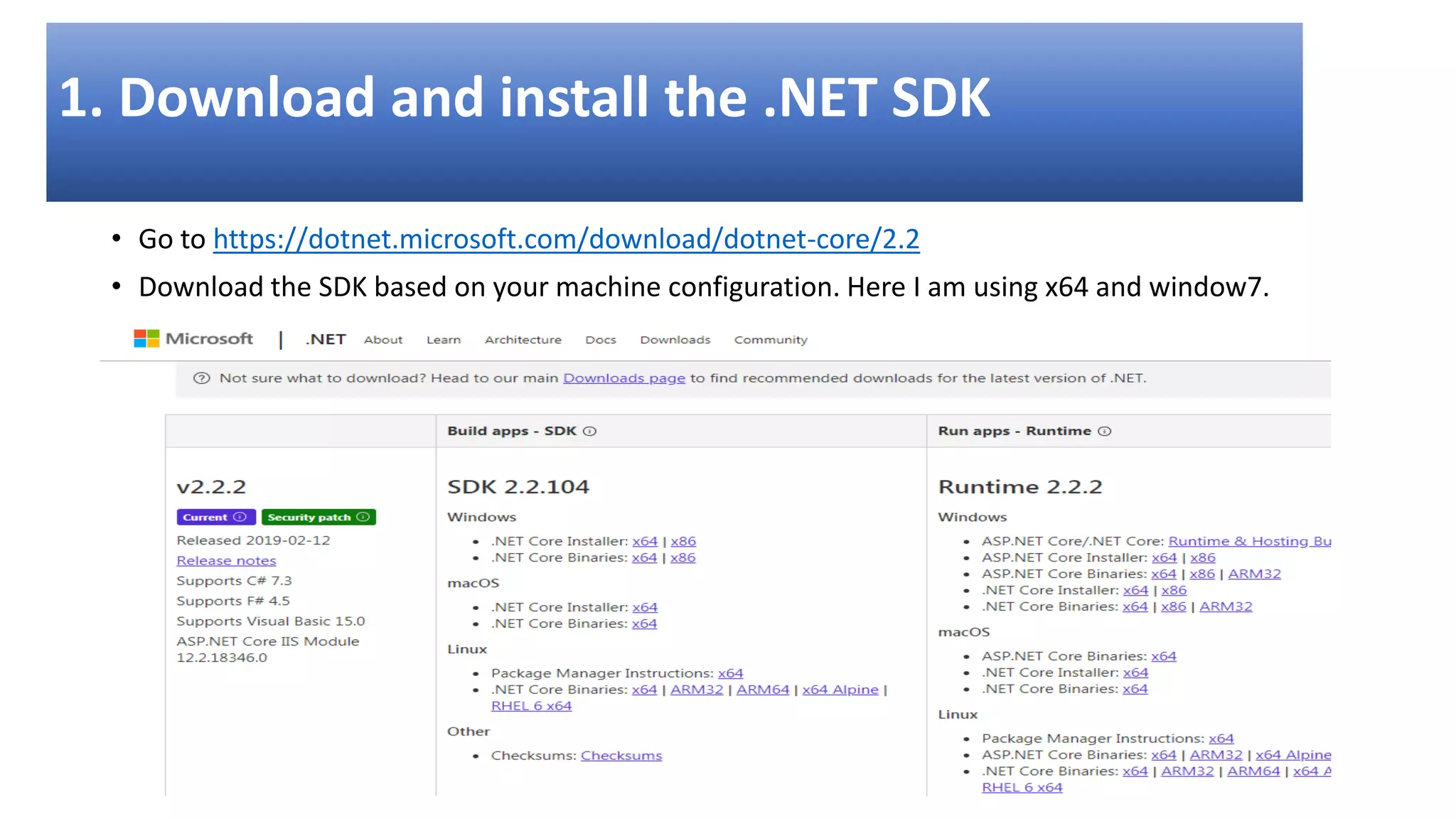 Download and install the .NET SDK • Go to https://dotnet.microsoft.com/download/dotnet-core/2.2 • Download the SDK based on your machine configuration. Here I am using x64 and window7. 1. Download and install the .NET SDK 