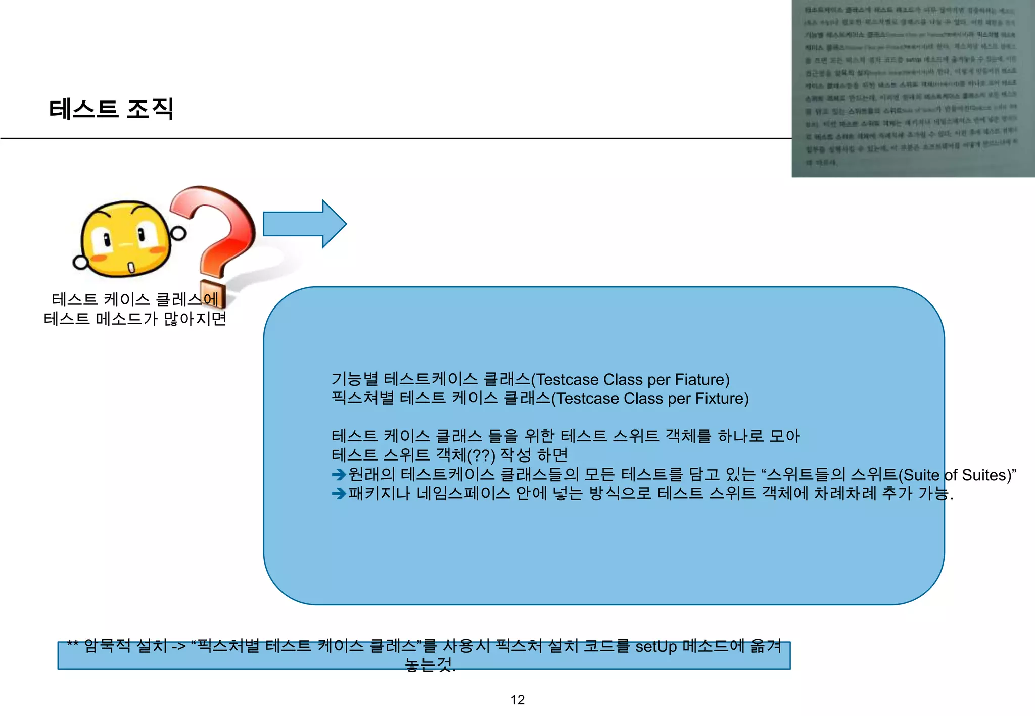 테스트 조직12기능별 테스트케이스 클래스(Testcase Class per Fiature)픽스쳐별 테스트 케이스 클래스(Testcase Class per Fixture)테스트 케이스 클래스 들을 위한 테스트 스위트 객체를 하나로 모아 테스트 스위트 객체(??) 작성 하면 원래의 테스트케이스 클래스들의 모든 테스트를 담고 있는 “스위트들의스위트(Suite of Suites)”