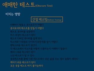 애매한 테스트(Obscure Test)
 미치는 영향
               간접 테스팅(Indirect Testing)
   이해하기 힘들고 유지보수가 어렵다
   문서로서의 테스트를 만들기 어렵다
   테스트 유지비용 상승한다
   버그 투성이 테스트가 된다
   테스트 디버깅 데이터를 잃게 된다
   픽스처와 기대결과 사이의 인과관계를 알기 어렵다
   변덕스러운 테스트가 생긴다
   각 테스트에서 픽스처를 어떻게 사용하는지 이해하기 힘들다
   깨지기 쉬운 픽스쳐가 된다
   느린 테스트가 될 수 있다
   공유픽스처를 쓸때 다른 테스트에서 같은 값을 쓰는 경우 충돌이 생긴다
   깨지기 쉬운 테스트가 된다
   모든 곳을 테스트 하기 불가능하다
 